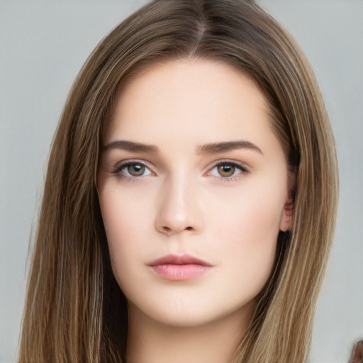 Neutral white young-adult female with long  brown hair and brown eyes