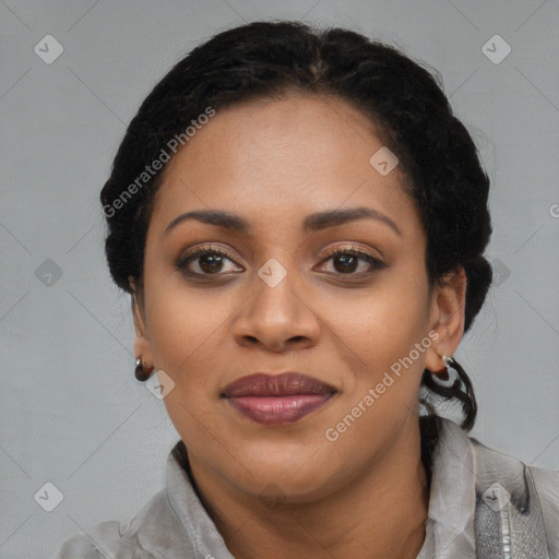 Joyful latino young-adult female with short  black hair and brown eyes