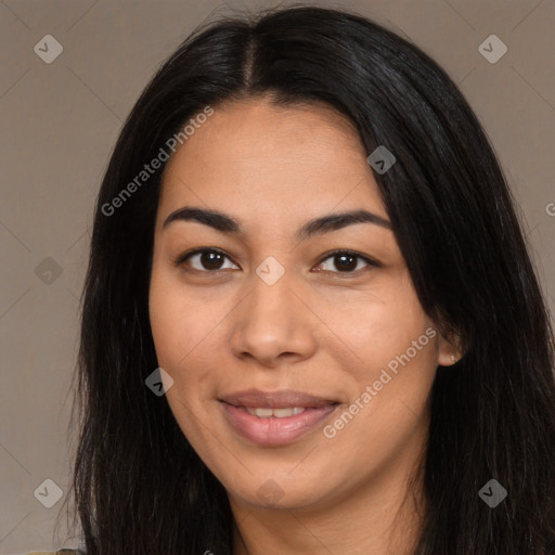 Joyful asian young-adult female with long  brown hair and brown eyes