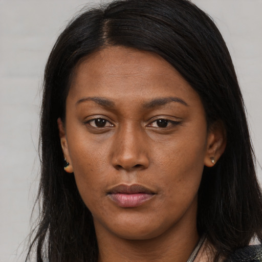 Neutral asian young-adult female with long  brown hair and brown eyes