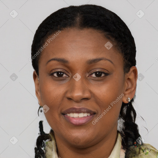 Joyful black young-adult female with medium  black hair and brown eyes