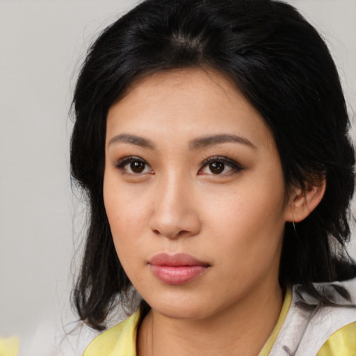 Neutral asian young-adult female with medium  black hair and brown eyes