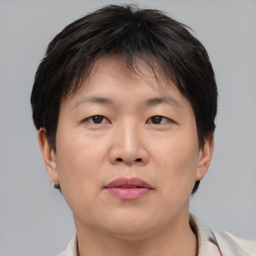 Joyful asian young-adult female with short  brown hair and brown eyes