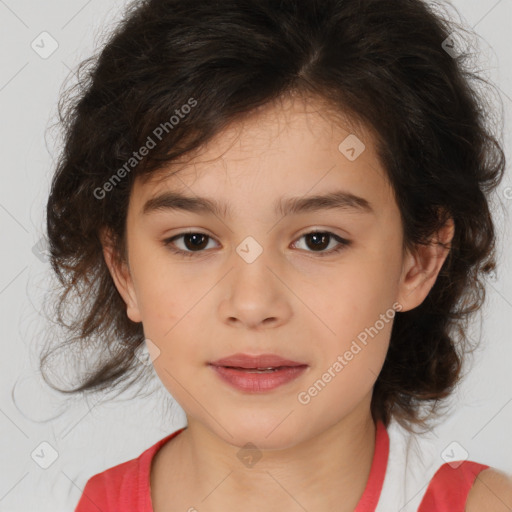 Joyful white child female with medium  brown hair and brown eyes