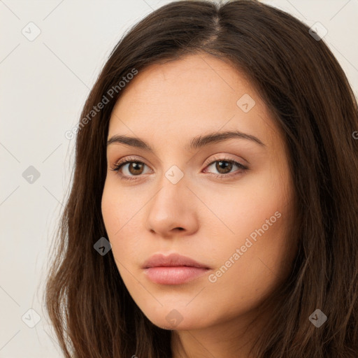 Neutral white young-adult female with long  brown hair and brown eyes