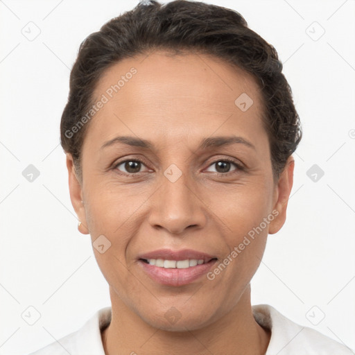 Joyful white adult female with short  brown hair and brown eyes