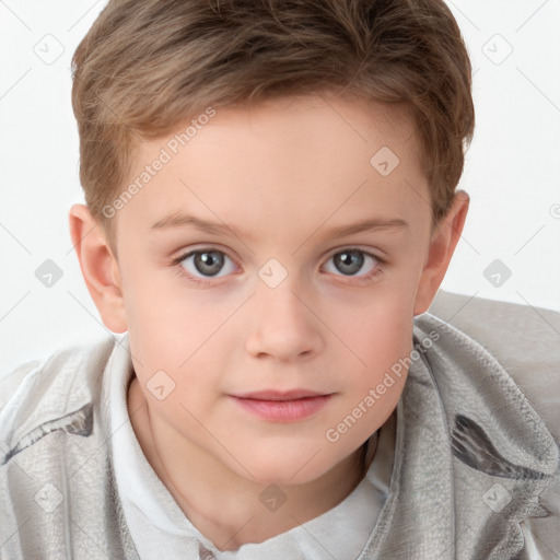 Joyful white child male with short  brown hair and brown eyes