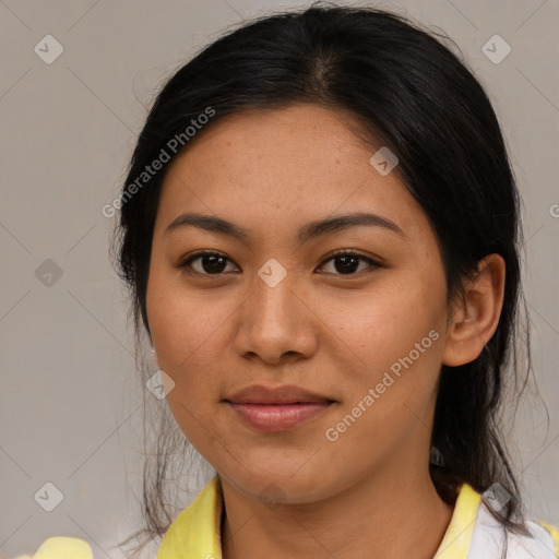 Joyful asian young-adult female with medium  brown hair and brown eyes