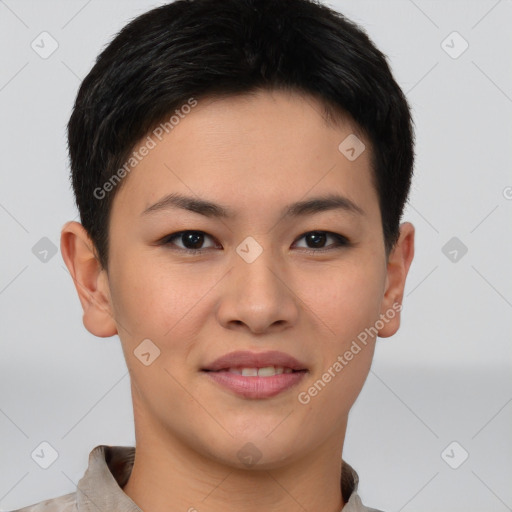 Joyful asian young-adult female with short  brown hair and brown eyes