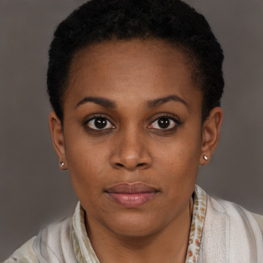 Joyful black young-adult female with short  brown hair and brown eyes