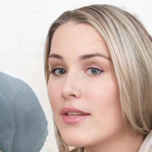 Neutral white young-adult female with medium  brown hair and blue eyes