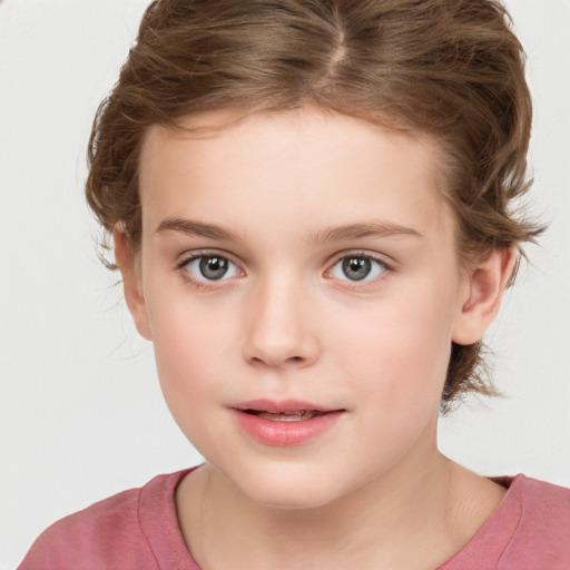 Neutral white child female with medium  brown hair and grey eyes