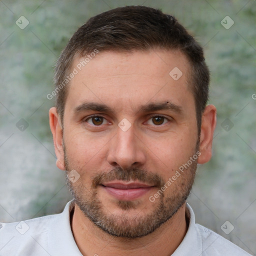 Joyful white adult male with short  brown hair and brown eyes