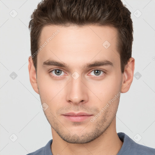 Neutral white young-adult male with short  brown hair and brown eyes