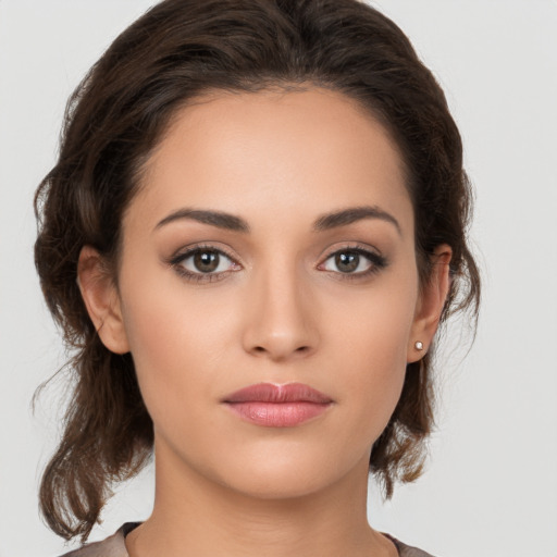 Neutral white young-adult female with medium  brown hair and brown eyes