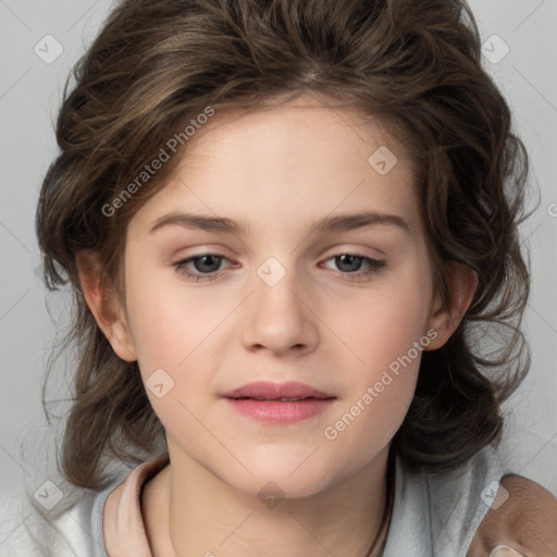 Joyful white child female with medium  brown hair and brown eyes