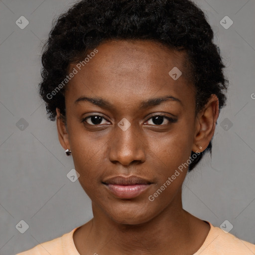 Neutral black young-adult female with short  black hair and brown eyes