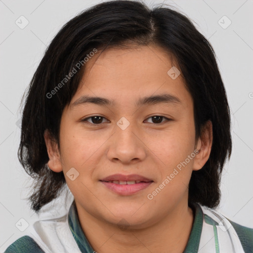 Joyful asian young-adult female with medium  brown hair and brown eyes