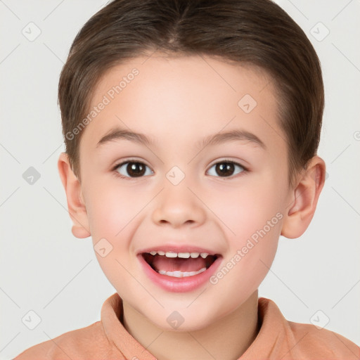 Joyful white child female with short  brown hair and brown eyes