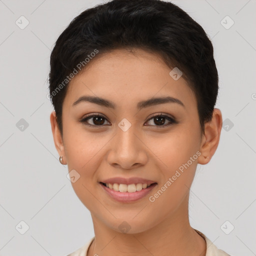 Joyful asian young-adult female with short  brown hair and brown eyes