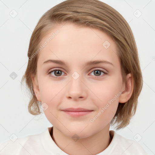 Joyful white child female with medium  brown hair and blue eyes