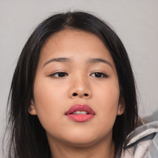 Neutral asian young-adult female with medium  brown hair and brown eyes
