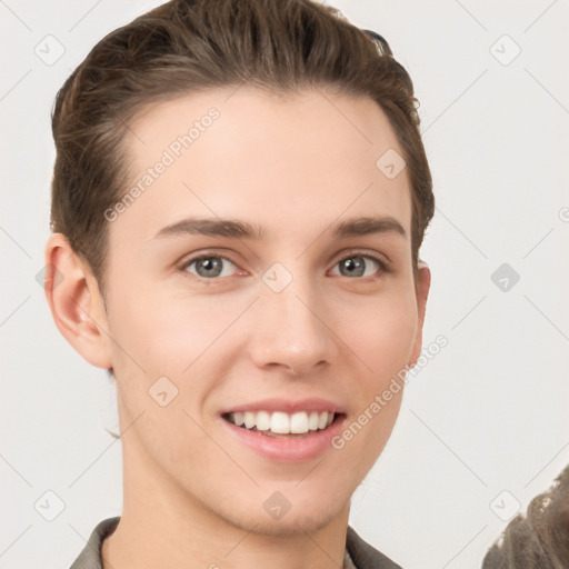 Joyful white young-adult female with short  brown hair and grey eyes