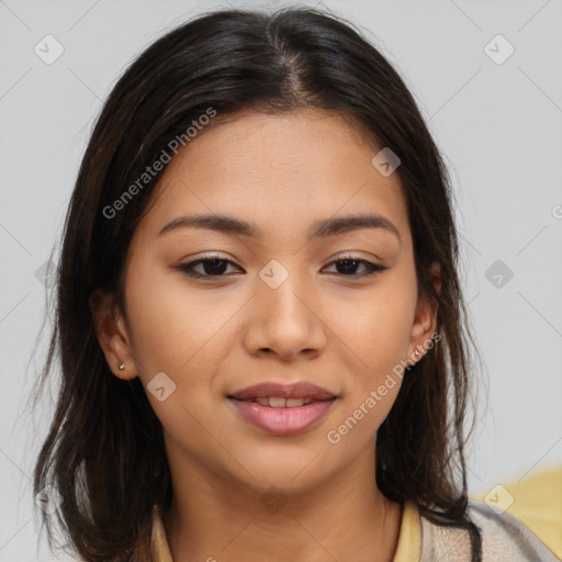 Joyful latino young-adult female with medium  brown hair and brown eyes