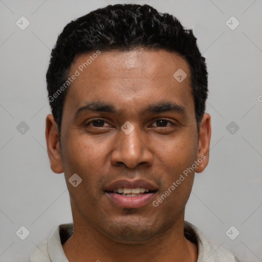 Joyful latino young-adult male with short  black hair and brown eyes