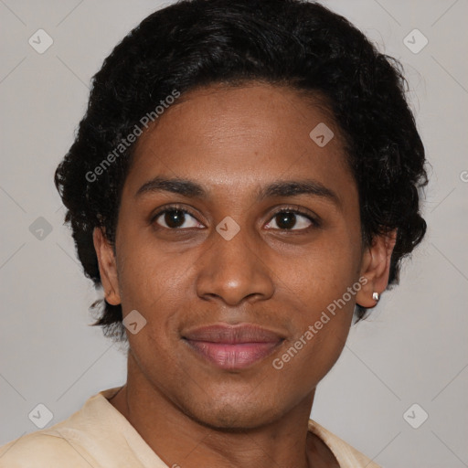 Joyful latino young-adult female with short  brown hair and brown eyes