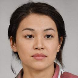 Neutral asian young-adult female with medium  brown hair and brown eyes