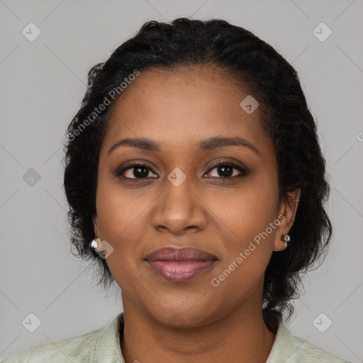 Joyful black young-adult female with medium  black hair and brown eyes