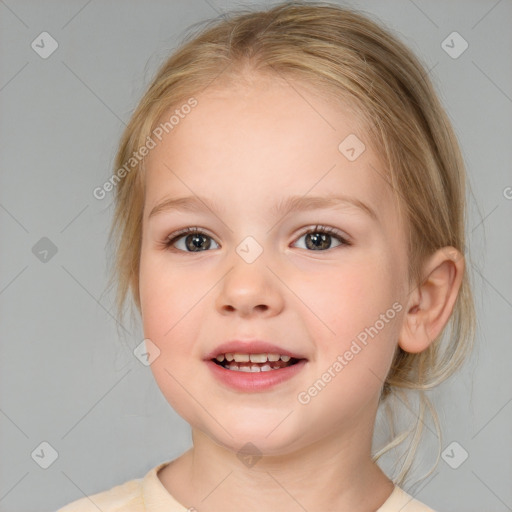 Joyful white child female with medium  brown hair and brown eyes