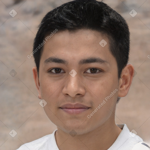 Joyful white young-adult male with short  black hair and brown eyes