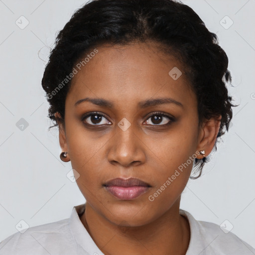 Neutral black young-adult female with short  black hair and brown eyes