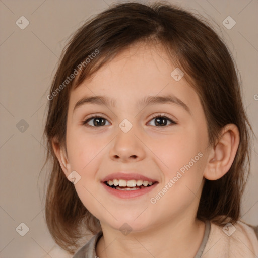 Joyful white child female with medium  brown hair and brown eyes