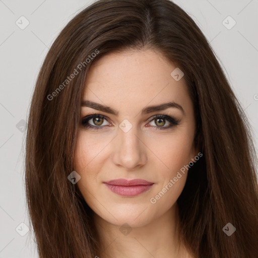 Joyful white young-adult female with long  brown hair and green eyes