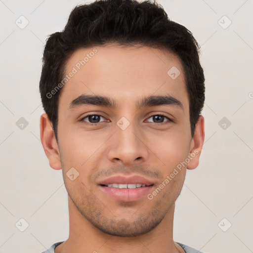 Joyful white young-adult male with short  brown hair and brown eyes