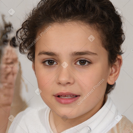 Joyful white child female with short  brown hair and brown eyes