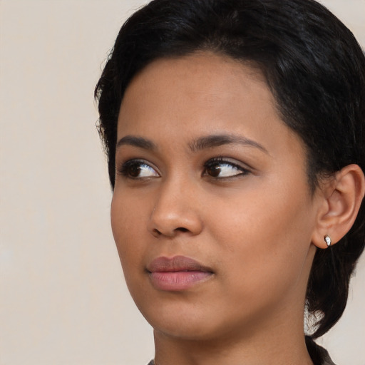 Neutral asian young-adult female with long  black hair and brown eyes