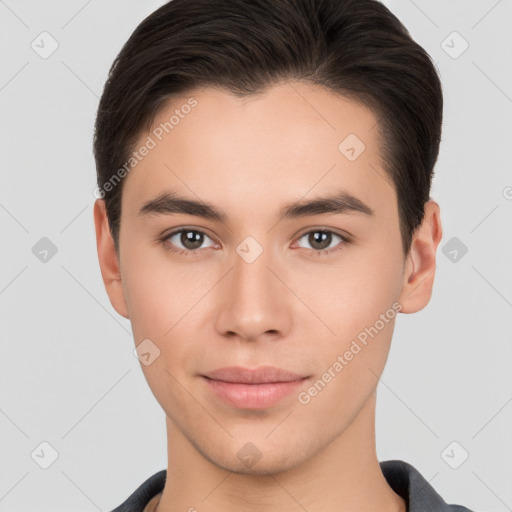 Neutral white young-adult male with short  brown hair and brown eyes