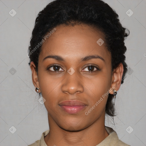 Joyful latino young-adult female with short  black hair and brown eyes