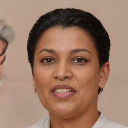 Joyful latino adult female with short  brown hair and brown eyes