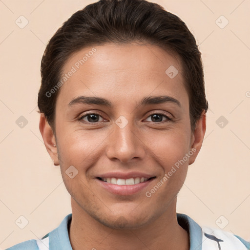 Joyful white young-adult female with short  brown hair and brown eyes