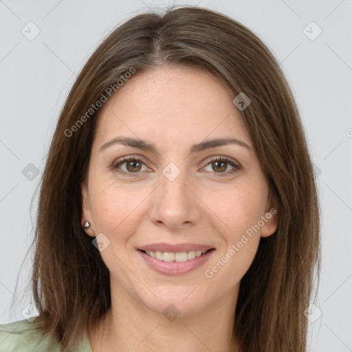 Joyful white young-adult female with long  brown hair and grey eyes