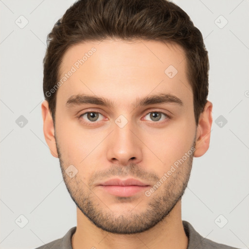 Neutral white young-adult male with short  brown hair and brown eyes