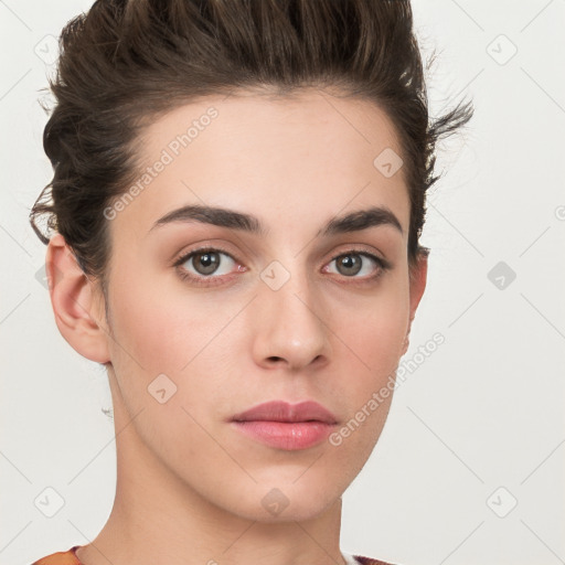 Neutral white young-adult female with short  brown hair and brown eyes