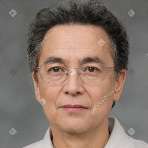 Joyful white middle-aged male with short  brown hair and brown eyes