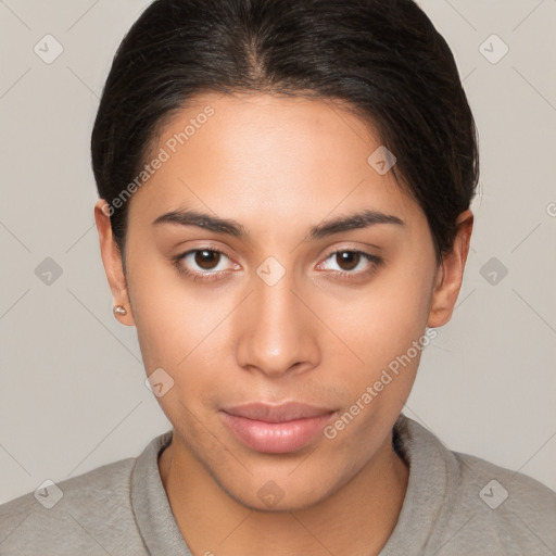 Neutral white young-adult female with short  brown hair and brown eyes