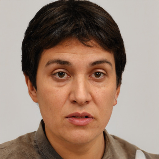 Joyful white adult female with short  brown hair and brown eyes